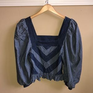 Anthropologie “Love The Label” Denim Smocked Puff Sleeve Top, Size XS.